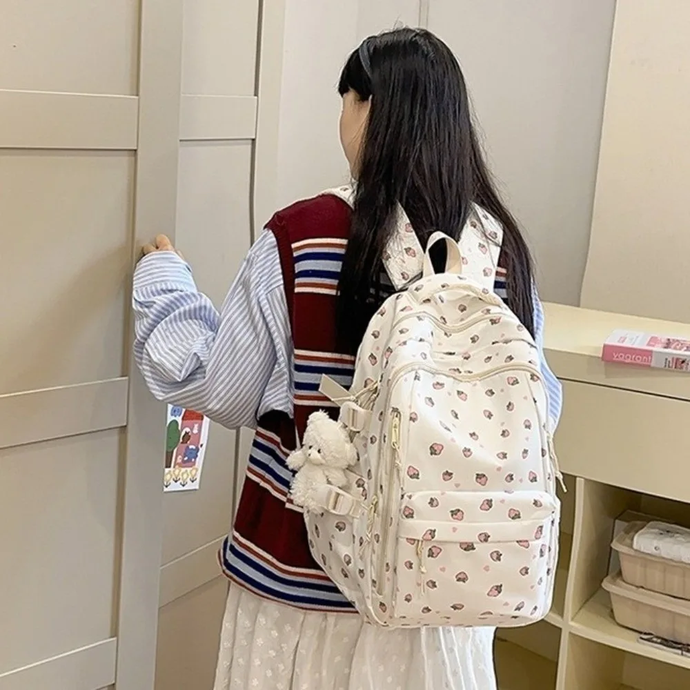 Large Capacity Floral Print Backpack Multi-pocket Multi-compartment Bow Pattern School Bag Durable Waterproof Rucksack
