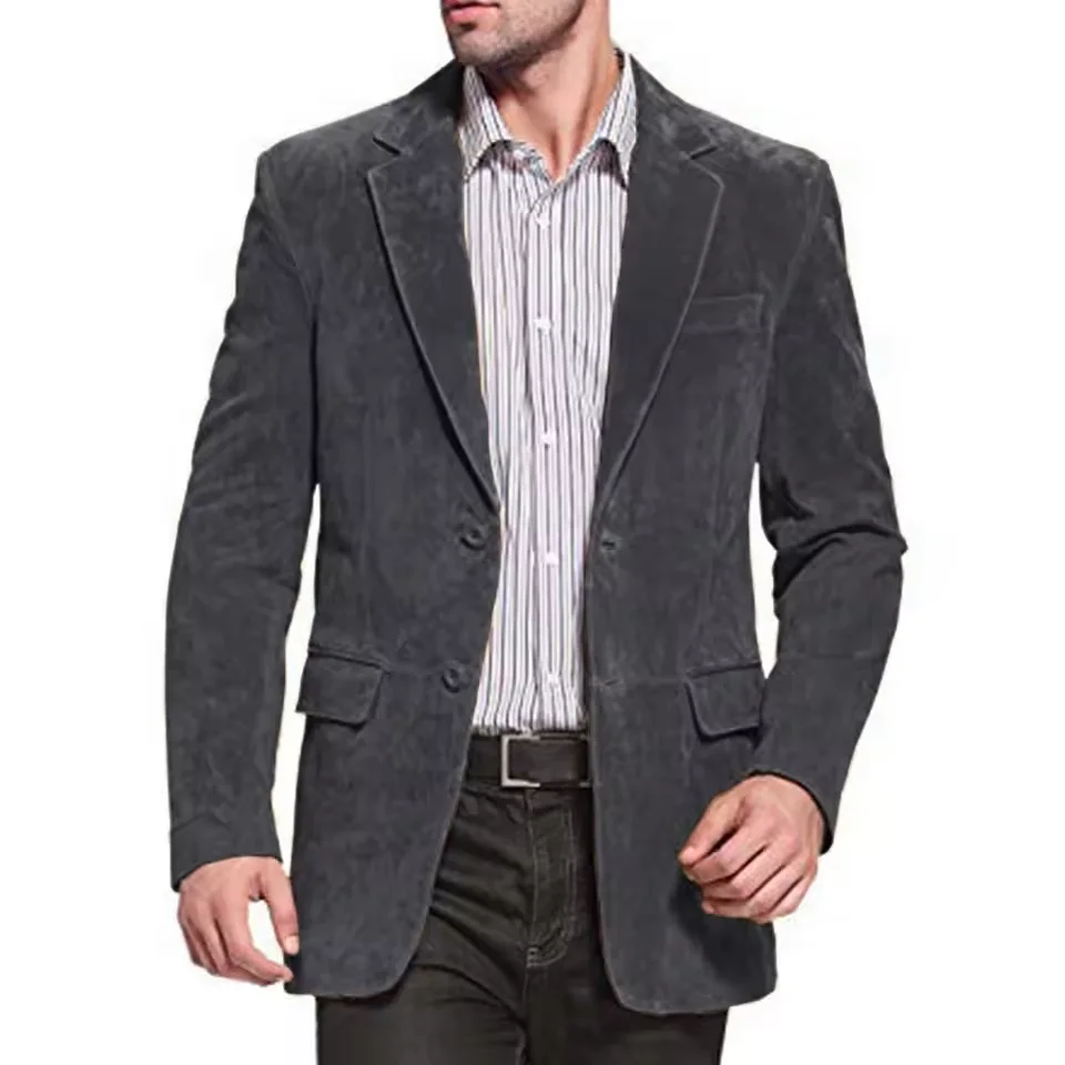 Luxury Men‘s Suede Blazer Notch Lapel 2 Button Lightweight Sport Coat with Flap Pockets Suit Jacket for Business Casual Wedding