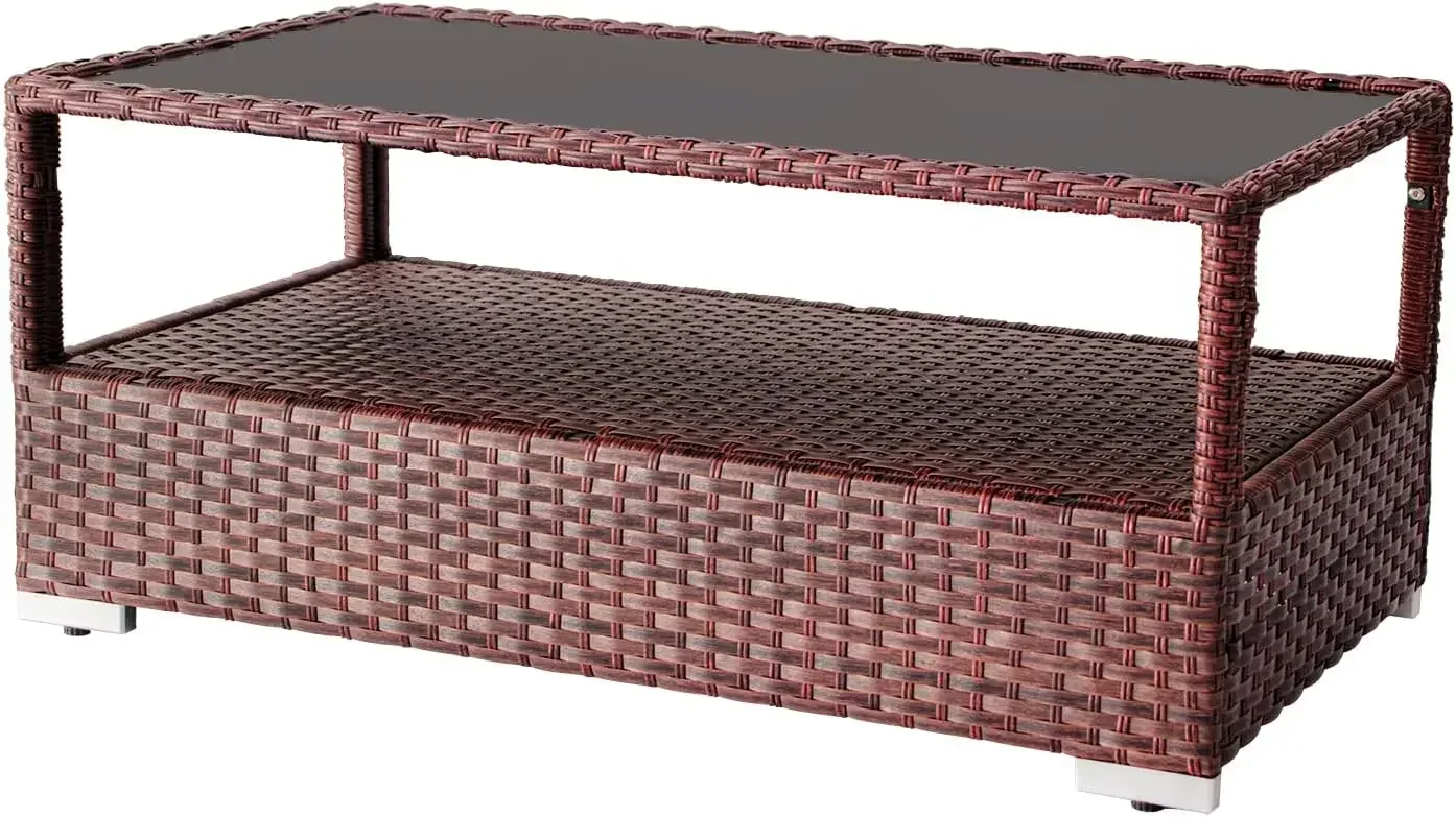GARDEN Outdoor Coffee Table Wicker Patio Rattan Side Table with Glass Top and Storage Shelf,40in Mixed Brown