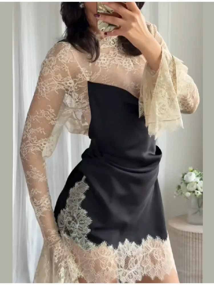 

Modest Sweet Short Dress Lace Hollowed Out Sexy Hot Trend Stylish Party Female Dresses Retro Sweet France Romantic Women Clothes