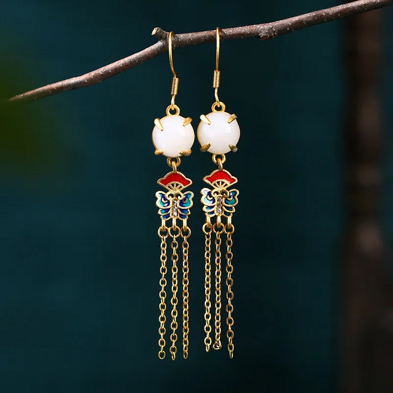 

New Cold Enamel Painted Craft Butterfly Earrings Imitation Hetian Jade Tassel Earring Vintage Design Sense Accessories for Women