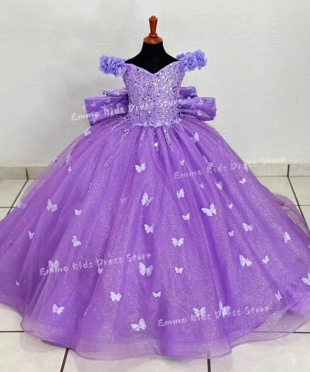 DROIS Custom Long Girls' Pageant Dress with Bow, Sequins, 3D Butterfly Flowers, Beaded Crystal Dress for Girls' First Communion