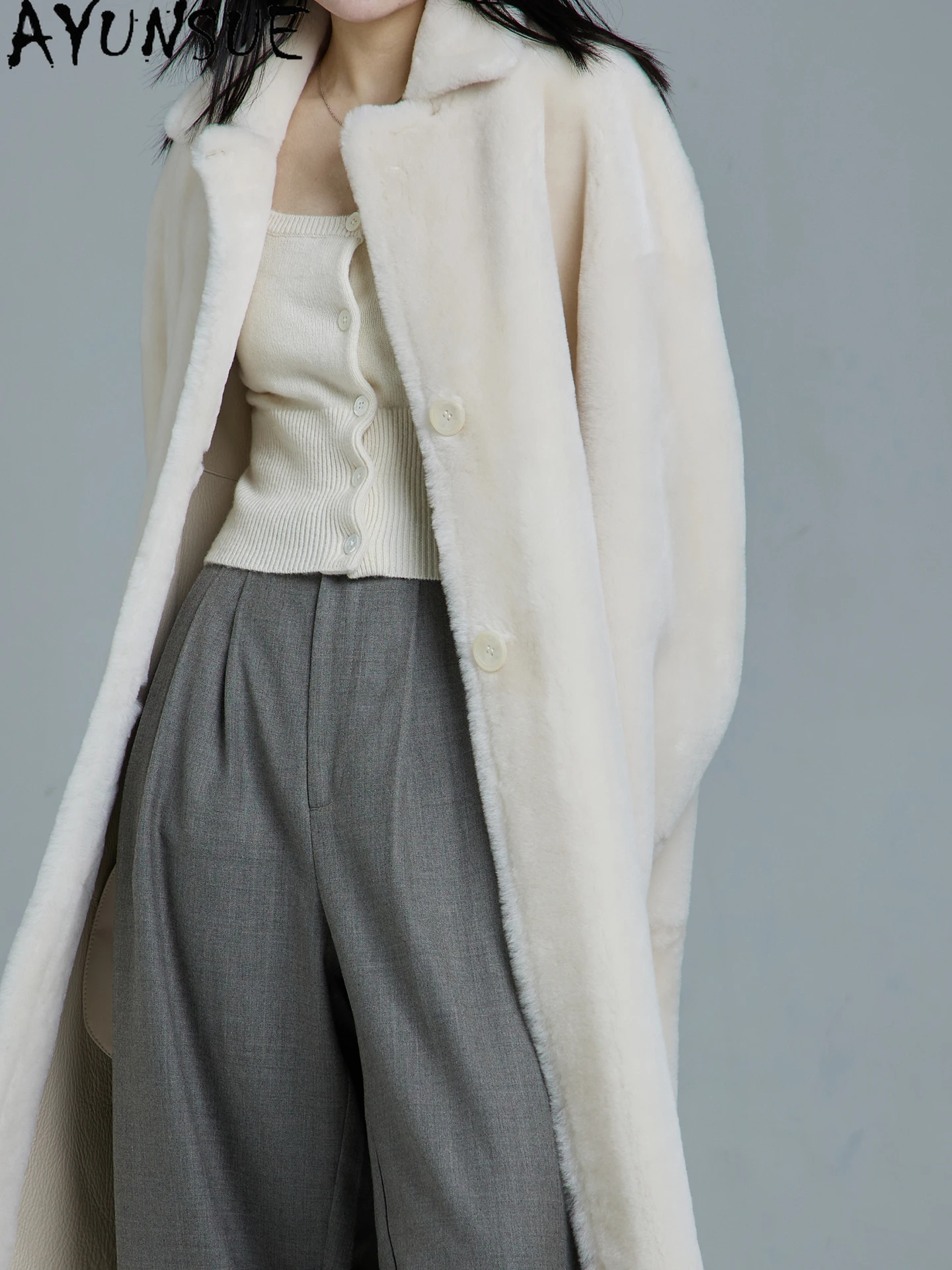 AYUNSUE Giacca in vera pelle di pecora lana di agnello merino donna vera pelliccia naturale cappotti lunghi sopra il ginocchio abiti invernali donna 2025