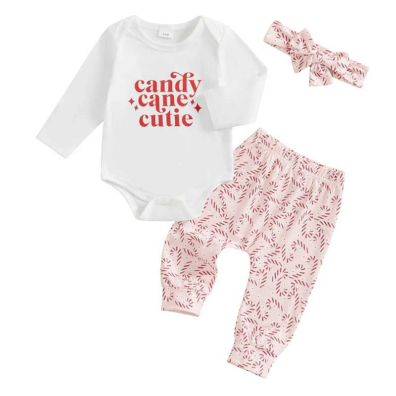 Baby Girls Christmas Outfit Letters Print Romper with Candy Cane Print Pants and Headband Clothing Set