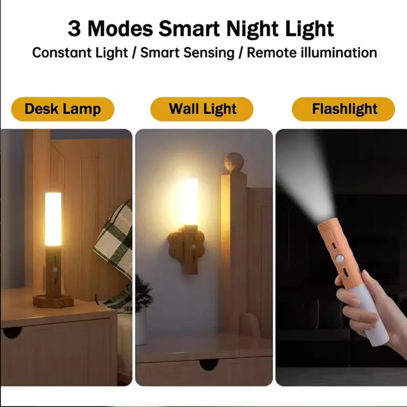 LED Intelligent Human Sensor Light Wireless USB Charging Night Light Wooden Cabinet Light Entrance Lamp Bedside Lamp Flashlight