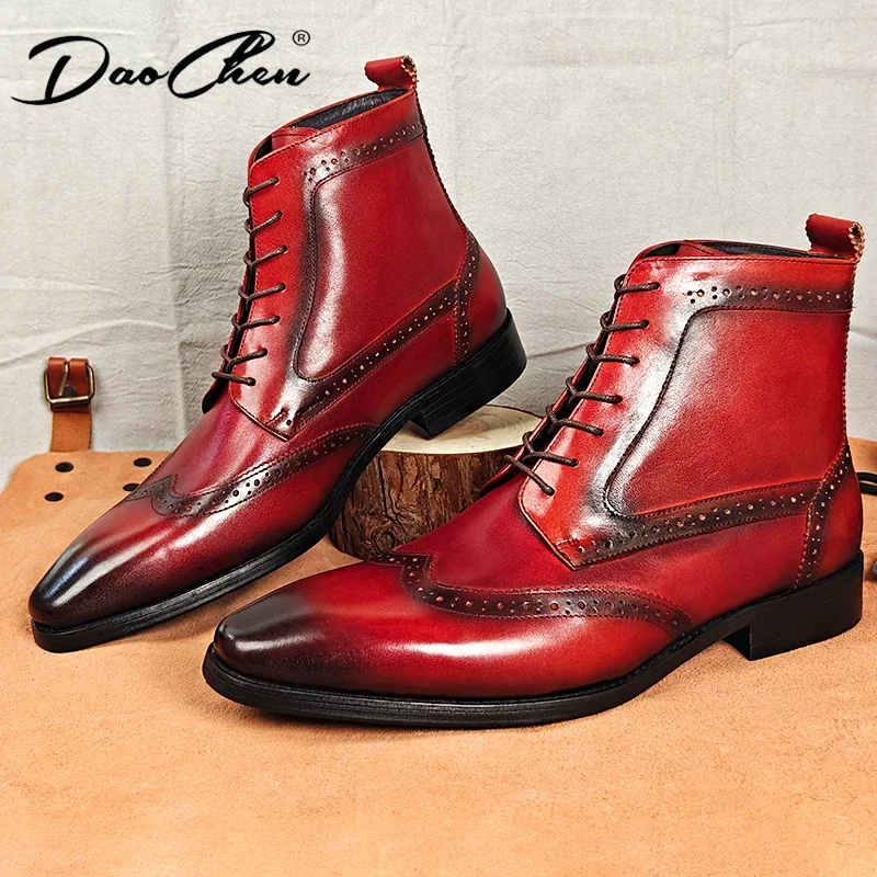 Handmade Autumn Winter Mens Ankle Boots Luxury Quality Pointed Lace Up Casual Dress Boots Shoes Genuine Leather Boots For Men