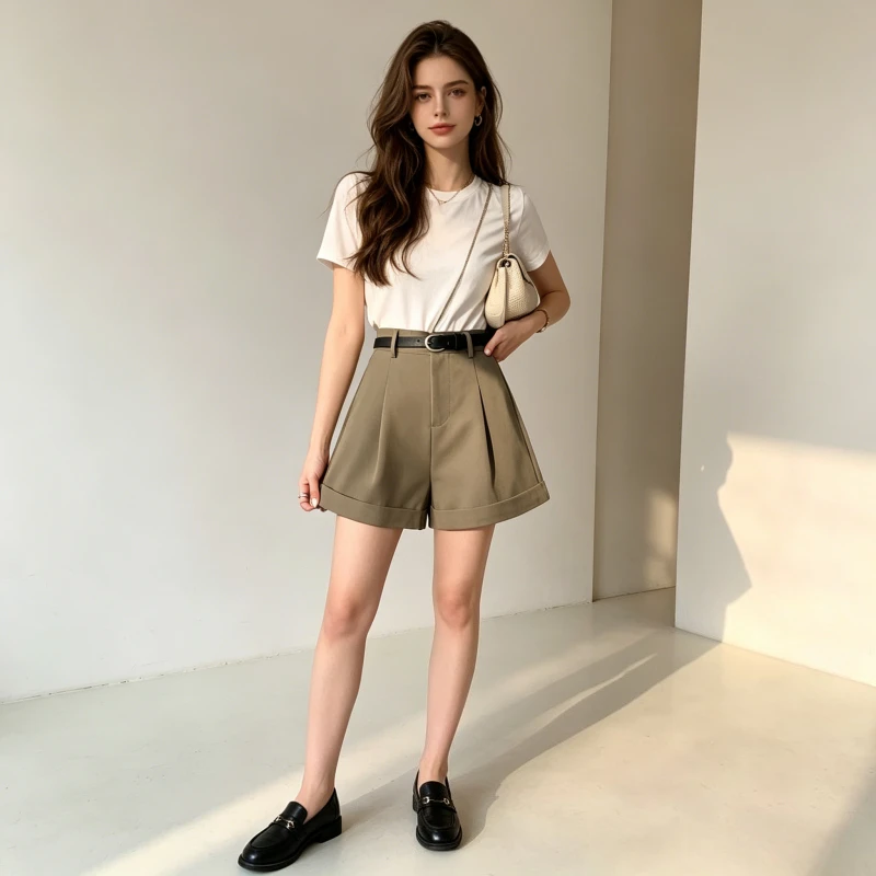 Short Pant Women High Waist Straight Trousers Y2k Streetwear Pleated Wide Leg Pants Cuffed Elegant Splice Work Daily 2026 summer