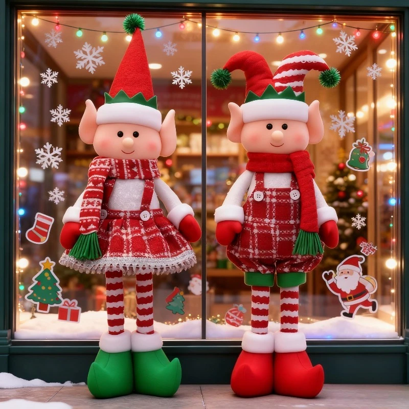 Decoraciones navideñas creativas: muñecas elfos rojas y verdes, muñecas decorativas para ventanas verticales extensibles