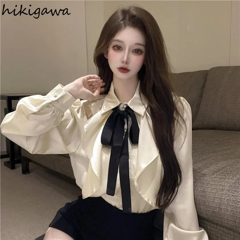 White Blouse Women Clothing Long Sleeve Bow Loose Shirts 2024 Blusas Mujer De Moda Turndown Collar Vintage Fashion Blouses Tops