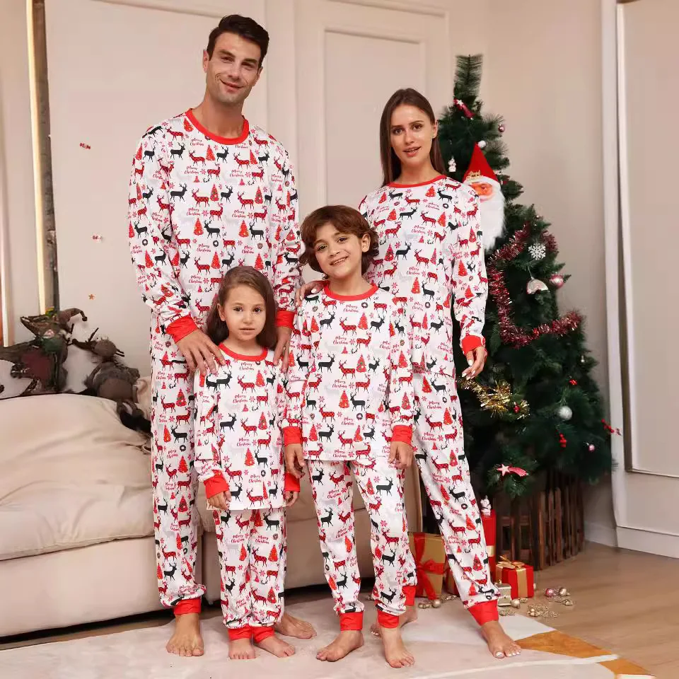 2024 letter cartoon Deer Christmas family dress printed home wear, round neck long sleeve cotton pajamas 2 sets of pajama pants