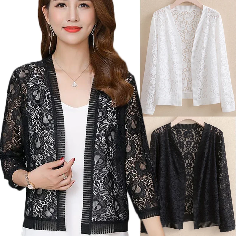 Summer Hollow Shirt Sunproof Blouse Boho Tops Women Cardigan Beach Lace Chiffon Sunscreen Outwear Casual Long Sleeve Shirt Coat