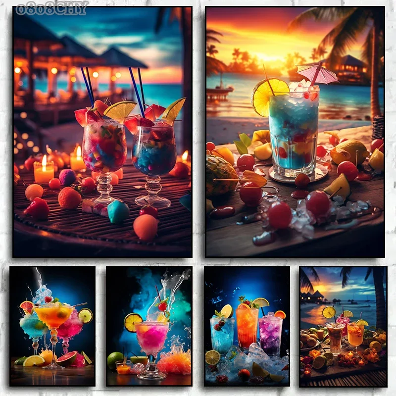 Tasty Cocktails Bar Posters and Prints Fruity Beach Juicy Cocktails Night Canvas Painting Wall Art Mural Modern Bar Home Decor