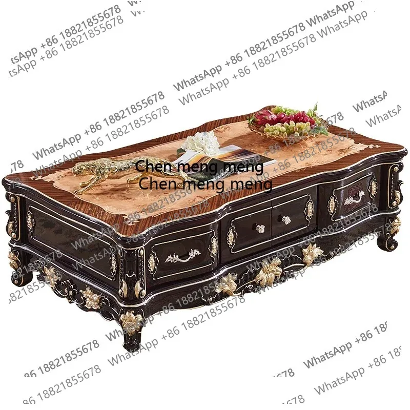 

European marble full solid wood carving flower gold ebony living room coffee table TV cabinet combination American style