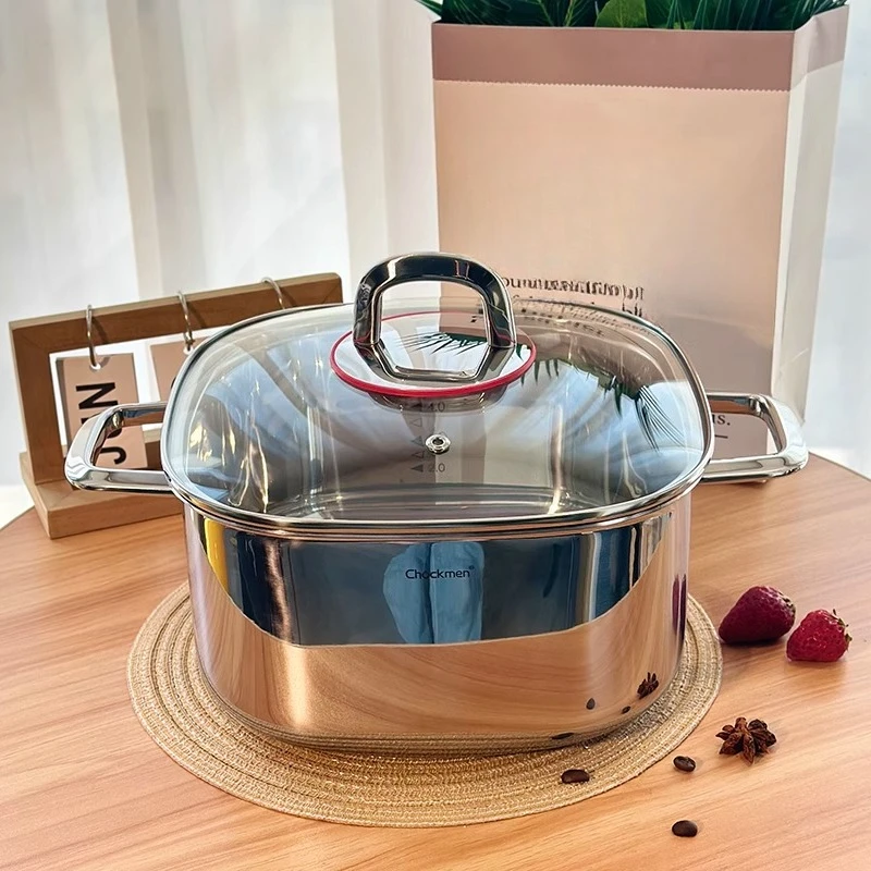 Square soup pot 18/10 stainless steel thickened integrated molding 24cm square  hot   frying and cooking multi-purpose