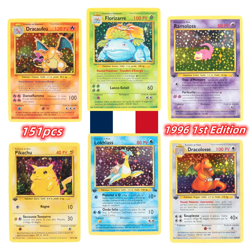 Tarjetas Flash de aluminio de Pokémon, 1a edición francesa, Pikachu, Charizard, Blastoise, Venusaur, Mewtwo, tarjetas de juego de colección, 151 unids/caja