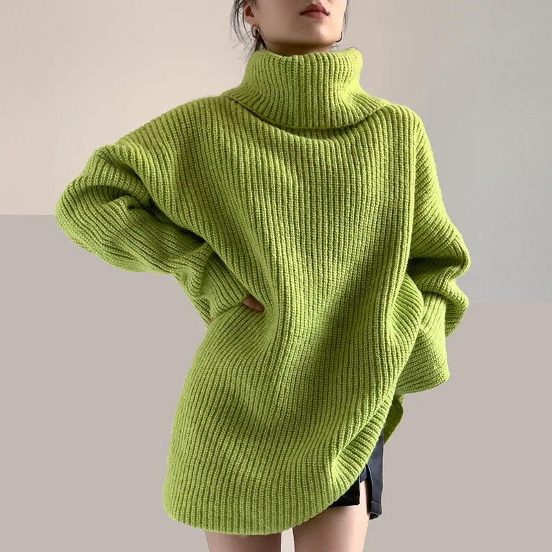 Women Korean Fashion Autumn Winter Wool Knitted  Women's Mid Long Style Lazy Green High Neck Sweater Sweater Female High Collar