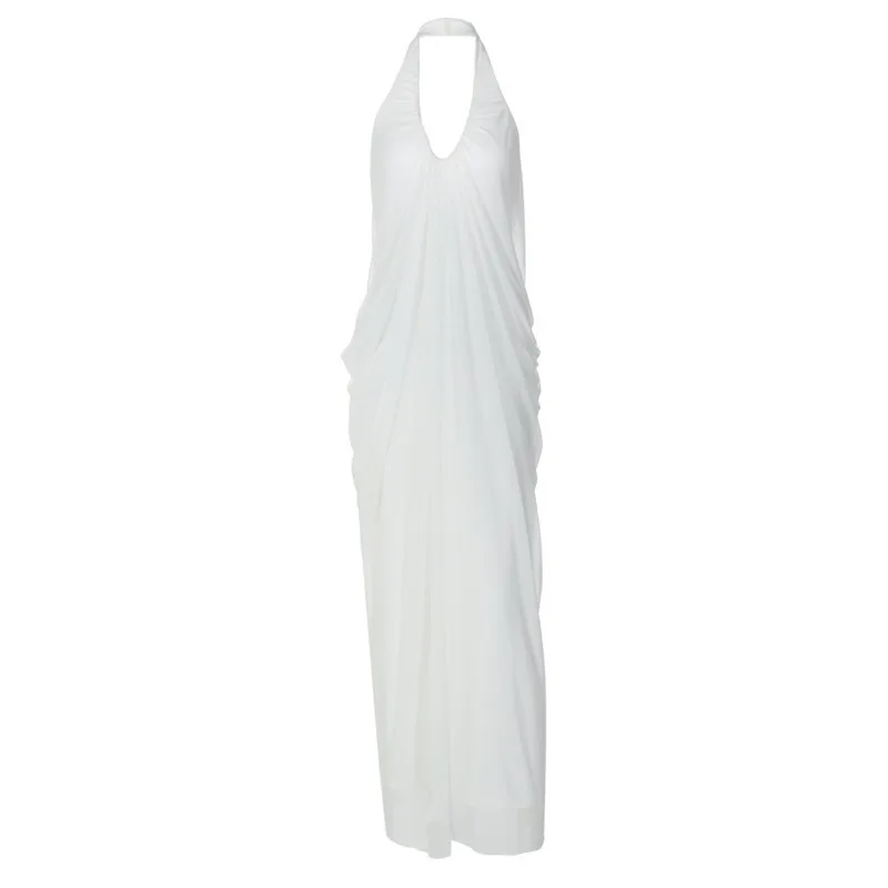 Mozision Mesh Halter Backless Sexy Maxi Jurk Vrouwen Jurk Mode Elegante V-hals Mouwloze Geplooide Club Party Lange Jurken - afbeelding 2