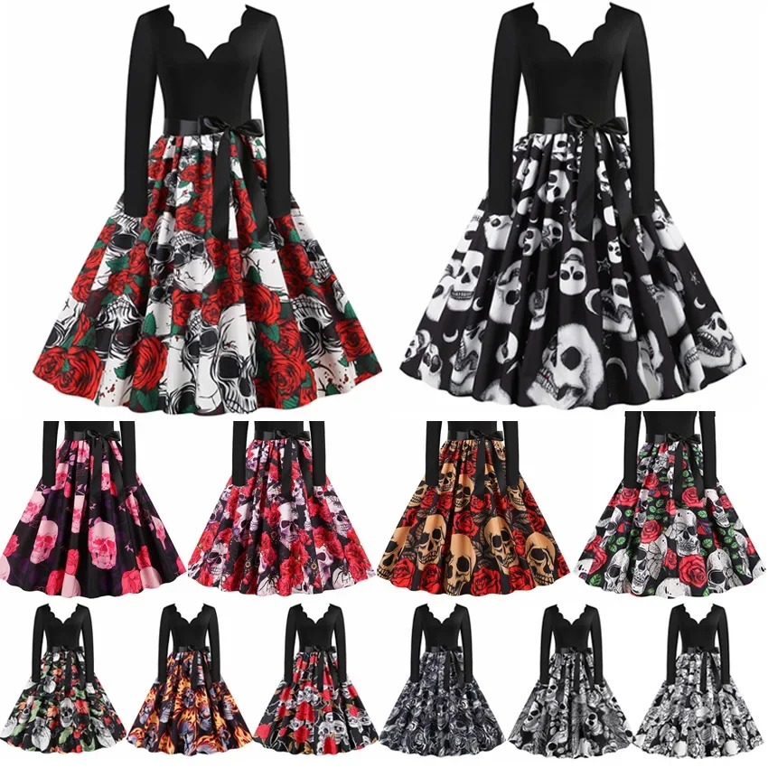 Cosplay Enge Schedel Print Halloween Kostuums Carnaval Verkleedfeest voor Vrouwen Lange Mouw 1950s Avondfeest Galajurk Elegant