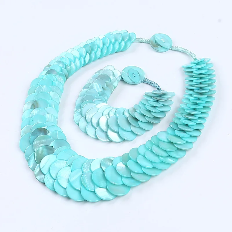 Natural multi color fish scale shell necklace bracelet fashion statement shell jewelry set