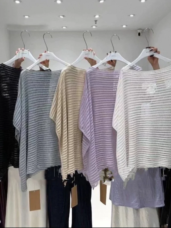 Dames zomer Vaion los gebreide opengewerkte oulder priem Cowl Ne Long Sve dunne polyester Batwing Sle Top