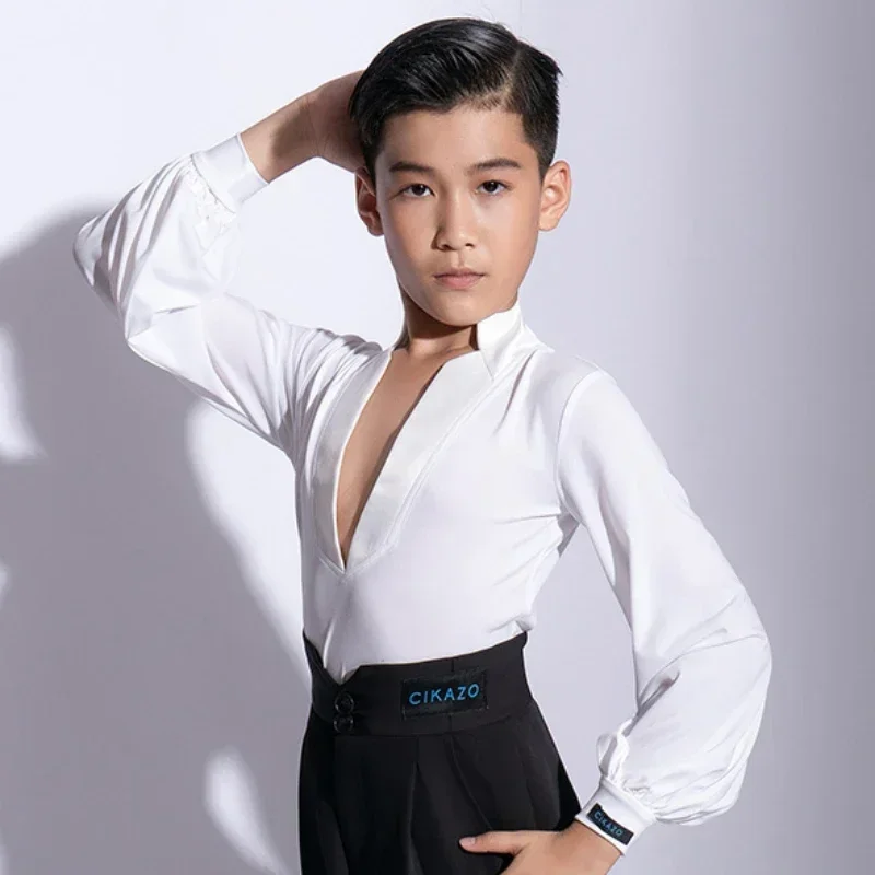 2022 New Kids Boy Latin Dance Costumes Children Long Sleeve V-Neck Ballroom Dance Training Clothes Cha Cha Rumba Dancewear G5105