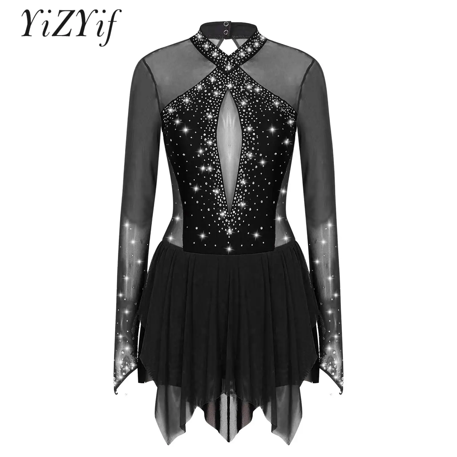 Women Figure Skating Dress Shiny Rhinestone Ballet Lyrical Dance Costume Rhythmic Gymnastics Leotard for Competition Performance