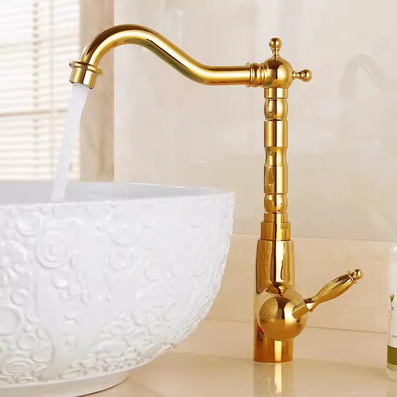 Gold Bathroom Faucet Antique Basin Faucet 360 Rotatiing Kitchen Faucet Brass Sink Mixer Sink Mixers Tap Hot Cold Water Crane