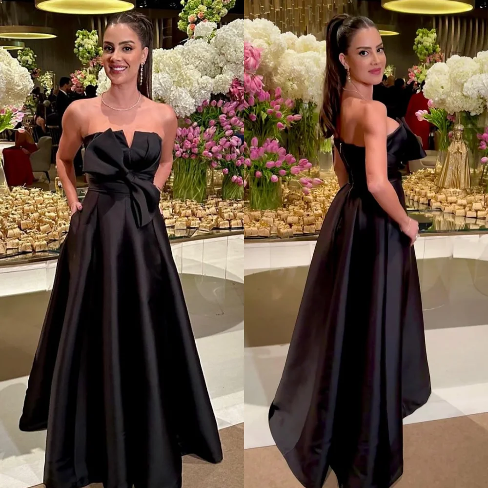

Customized Fashion Classic Pleat Ruched Bow A-line Strapless Long Dresses Bespoke Occasion Dresses Modern Style Sizes Available