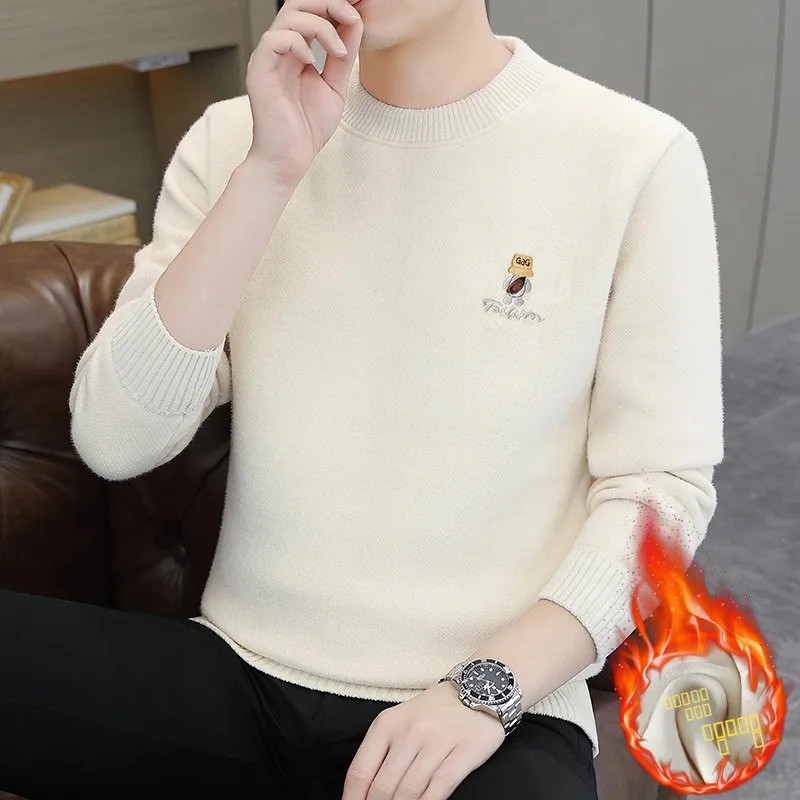 

Men's High Quali Fce Lined Thiened Knitted Sweater round Ne Embroidered One-Piece Velvet Casual Faion Winter Top