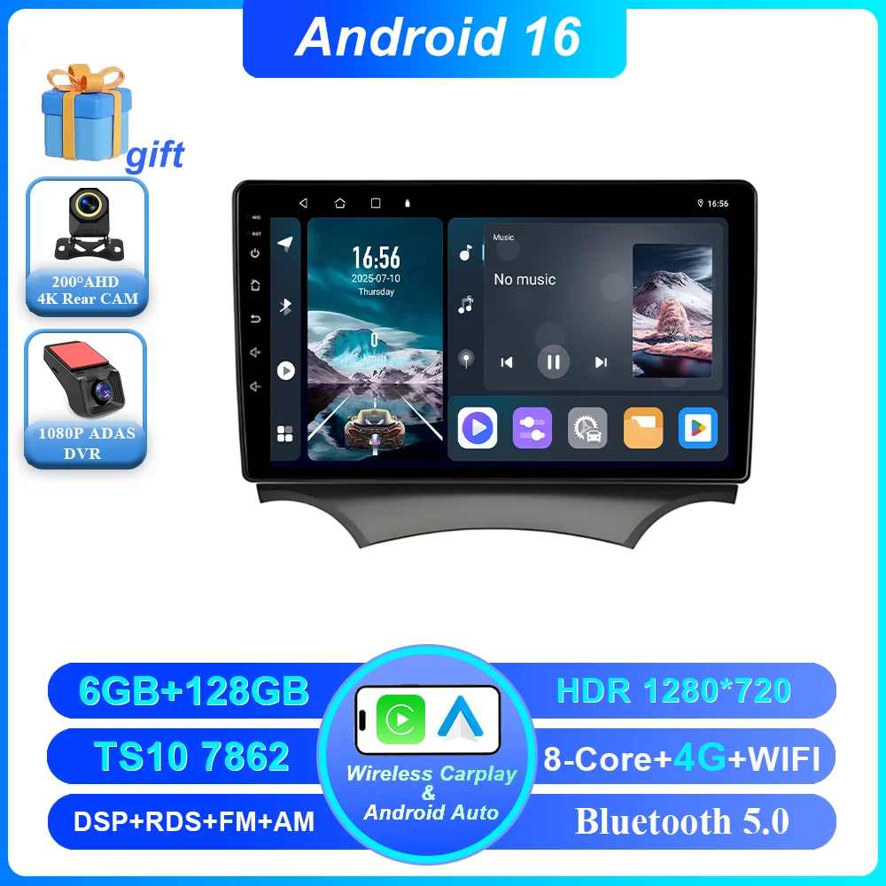 Android 16 Carplay voor Ford Ka 2008 - 2014 autoradio stereo multimediaspeler videospeler GPS navigatie QLED touchscreen 4G DSP