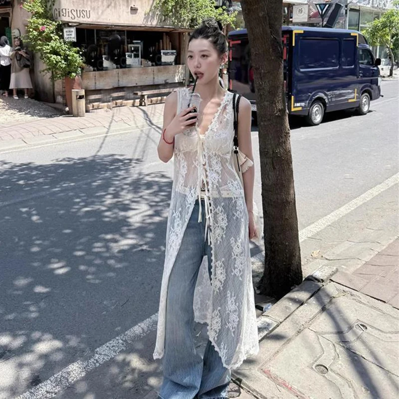 Seksowna koronkowa sukienka na ramiączkach Koreańska moda Wydrążona koronkowa długa sukienka Letni Harajuku Szykowny kardigan bez rękawów z dekoltem V Top Vestidos