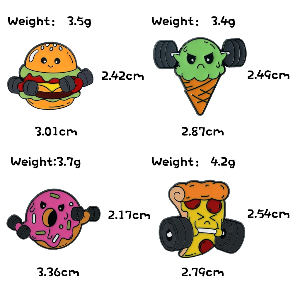 Food & Dumbbell Brooch for Fitness Lover Cartoon Hamburger Pizza Donuts Ice Cream Exercise Enamel Pin Creative Denim Lapel Badge