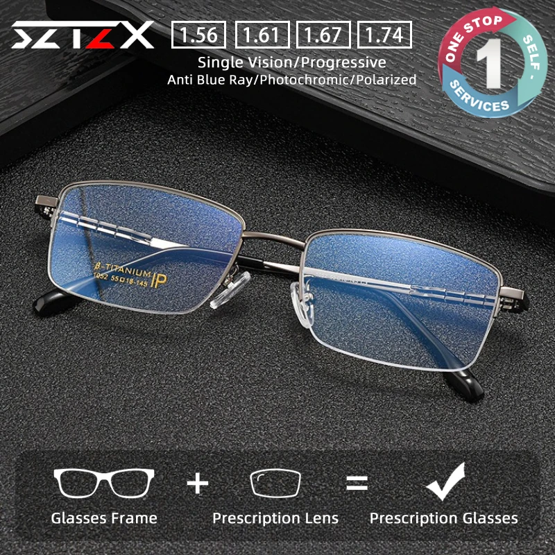 

SZTZX Business Titanium Prescription Glasses Blue Light Blocking Rectangle Half-Frame Myopia Glasses Progressive Reading Eyewear