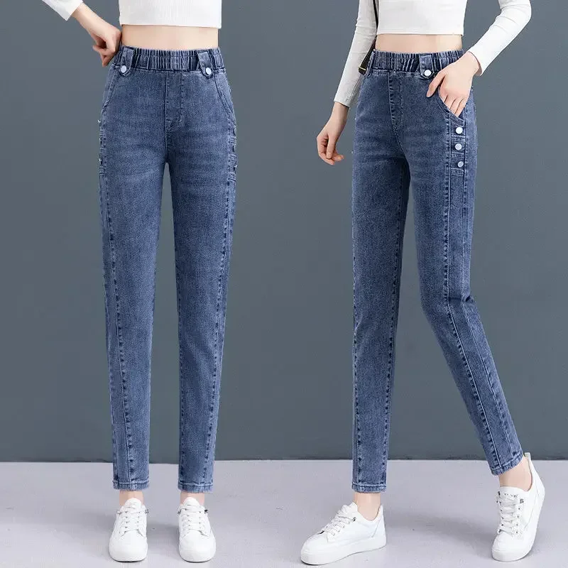 Women's Jeans with Pockets Blue Trousers High Waist Shot Pants for Woman Clothes Fitted Spring Harajuku Fashion Retro Casual R A