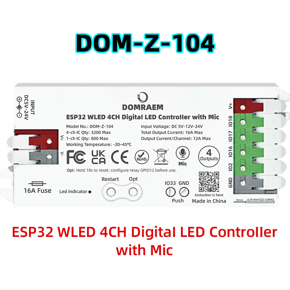 DOMRAEM ESP32 4-Kanal WLED-Controller mit 16A Sicherung & Level Shifter, Sound-Sync-kompatibel mit WS281x Digital RGB IC LED-Streifen