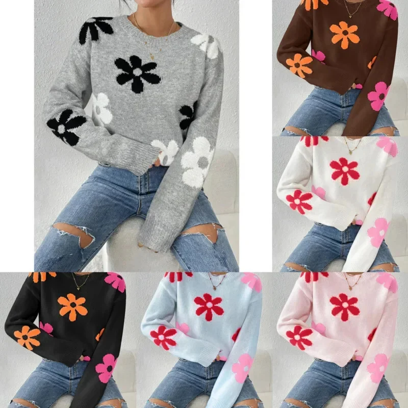 Flower Sweater Contrasting Colors Inlaid Flowers Knitted Top Women Autumn Winter Loose Long Sleeved O-neck Pullover Sweater New