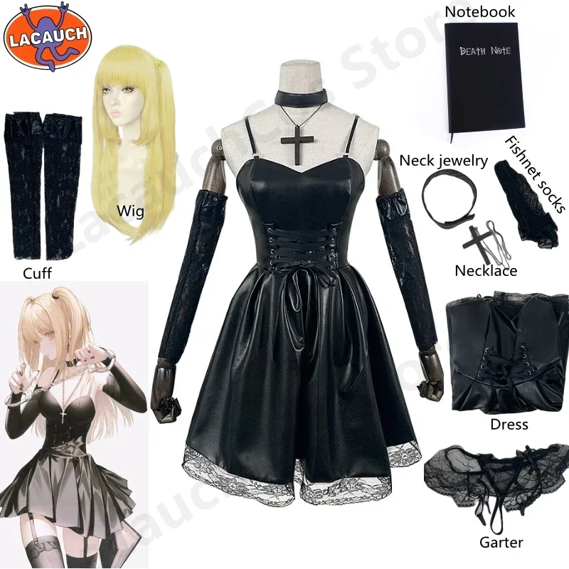 Anime Death Note Cosplay Costume Misa Amane Imitation Leather Sexy Dress  gloves stockings necklace Notebook Wig Uniform Outfit