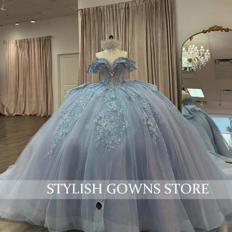 

Luxurious Quinceanera Dresses for 15 Anos with Rhinestones Bow Appliques Off the Shoulder Vestido De 15 Customized