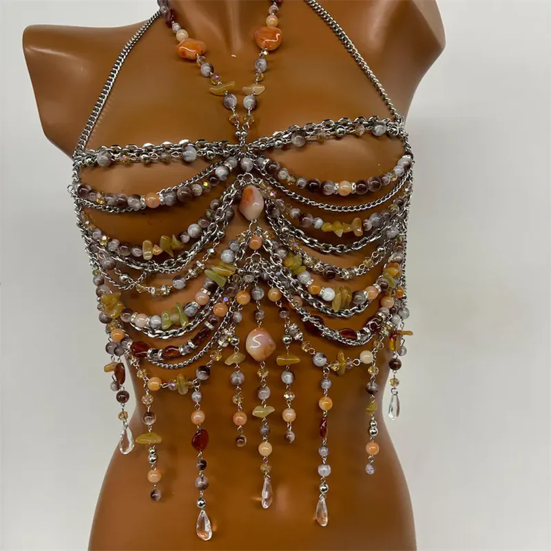 Handgefertigtes Perlen-Bodychain-Bralette für Damen, Neckholder, Naturstein, mehrlagiges Harness-Crop-Top, sexy Quasten-Bustier für Strand und Festival – Detail 2