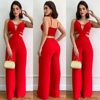 女性用Vネックジャンプスーツ,透かし彫りロンパース,ワイドレッグ,ロングパンツ,エレガントなスプライス,セクシーなダンガリー,スリング,1ピース,2024