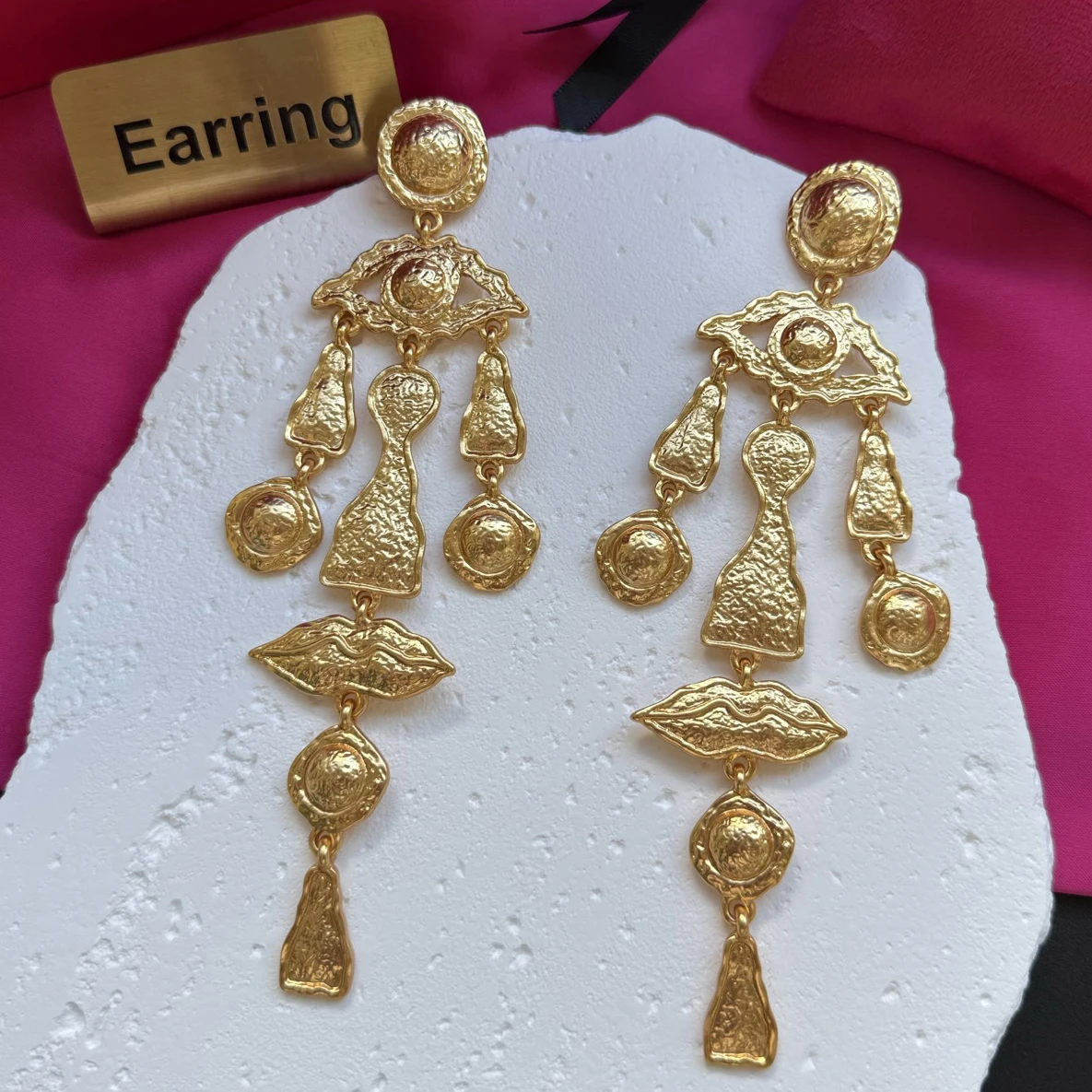 Top Quality Brass Gold Plated Facial Features Long Earrings Women Luxury Jewelry Trend