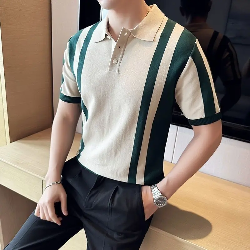 Vintage Polo Shirts Summer Thin Men Lapel Striped Contrast Color Button Streetwear Fashion Office Social Short Sleeve Slim Tops