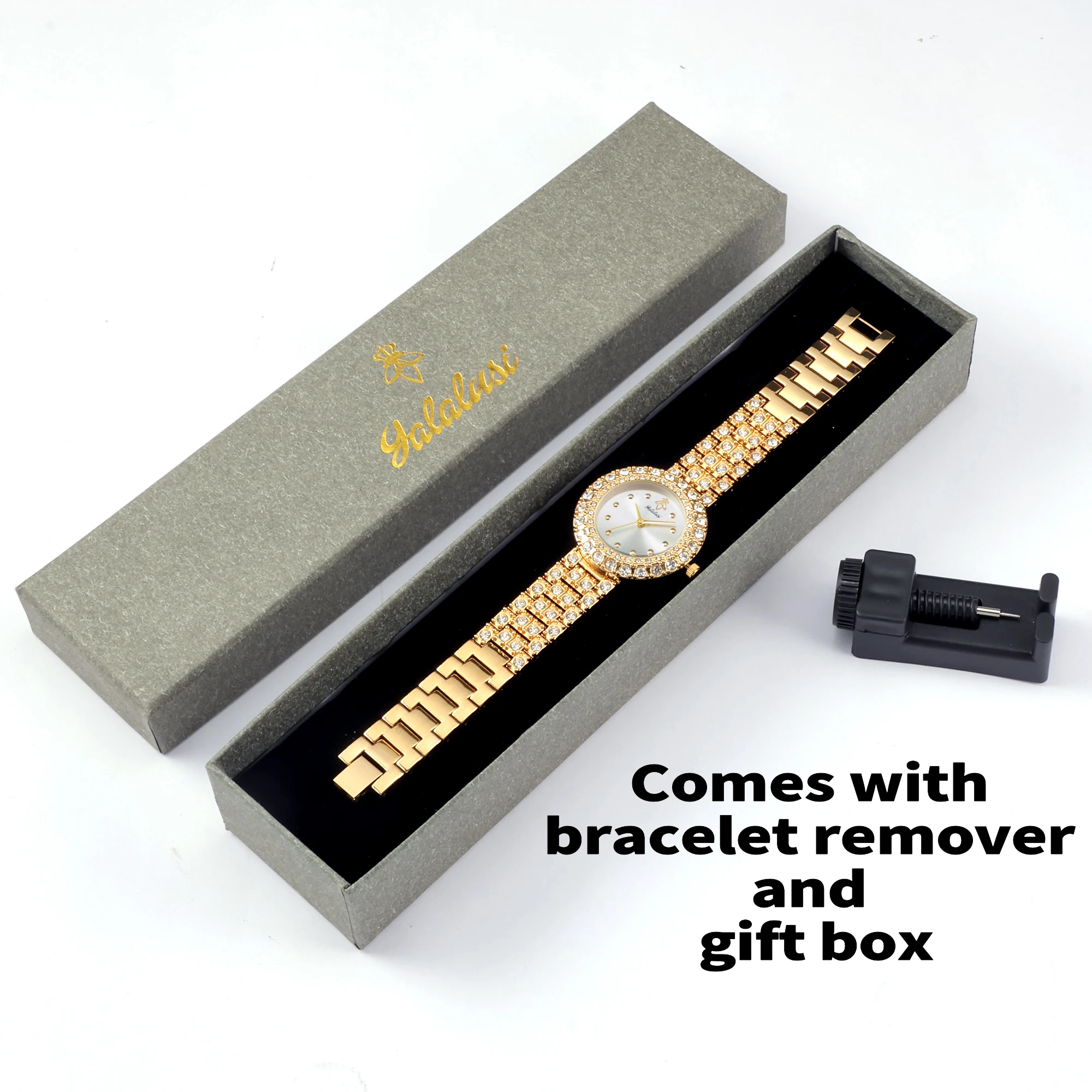 YaLaLuSi Brand Classic Hot Selling Women\'s Watches Gold Crystal Diamonds Luxury Box Watch Remover Ladies Gift Ion Gold Plating