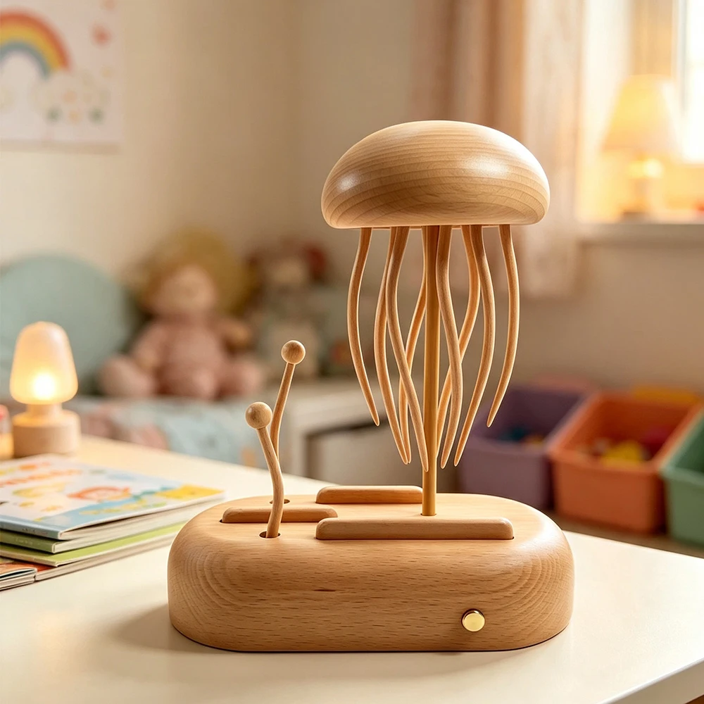 Handcrafted Wooden Jellyfish Automaton,Creative Moving Jellyfish Ornament with Flowing Tentacles,Home Office Kinetic Desk Decor