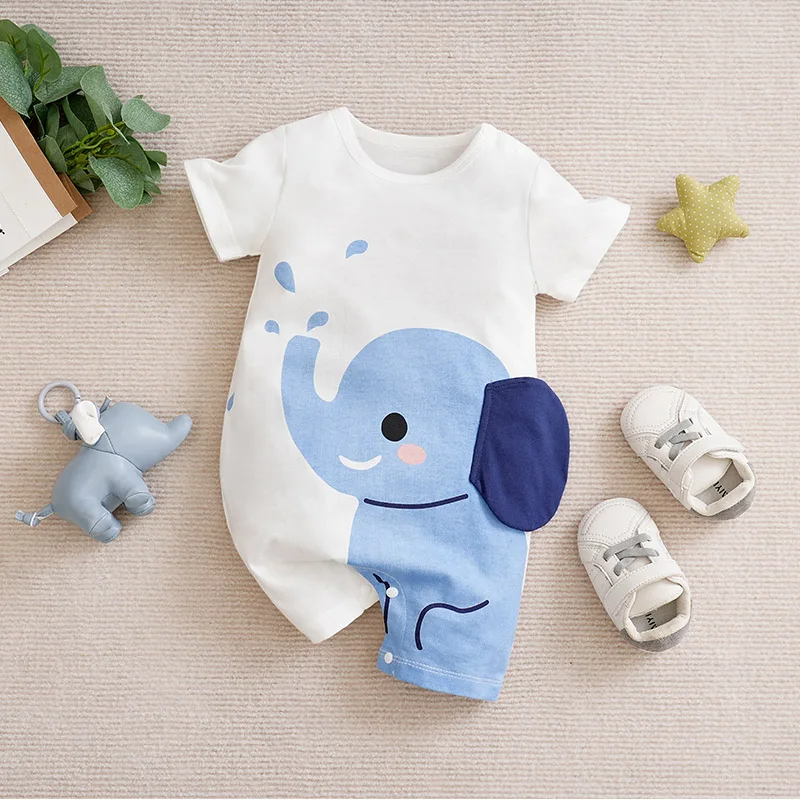 Baby Short Sleeved Jumpsuit Cartoon Cute Elephant Costume Baby Pure Cotton Breathable Clothes Summer Climbing Clothes