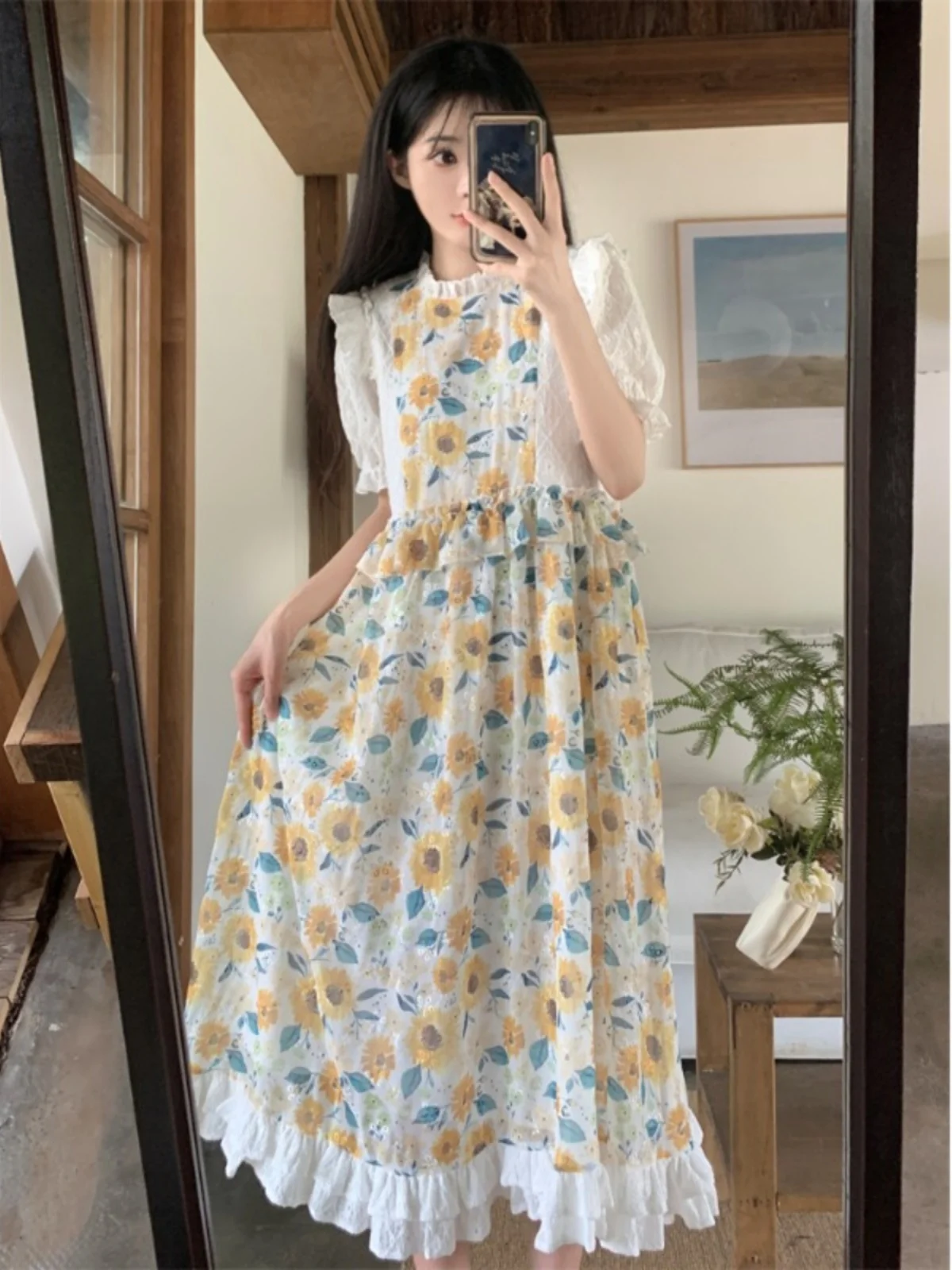 

plus Size Women's Sweet Patchwork Embroidery Bubble Sve Dr Summer New Sle Faux Two-Piece Waist Cinched Long Dr