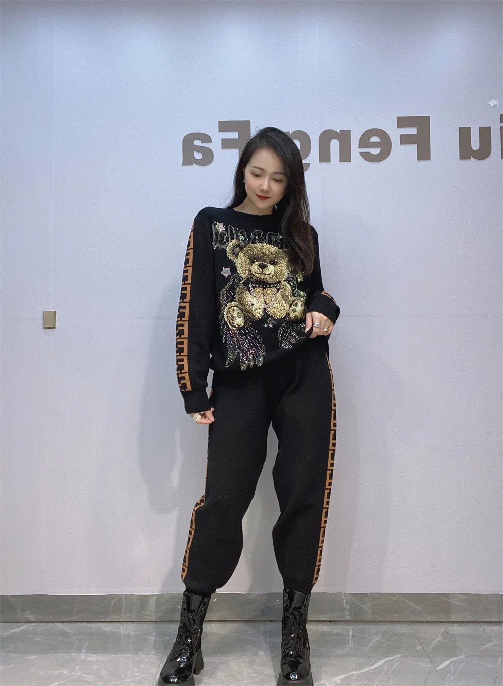 Cartoon Bear Knitted Sweater Pencil Pants Sets Women Outfits Casual Oversized 2 Pieces Pullover Long Sleeve Tops Matching Sets