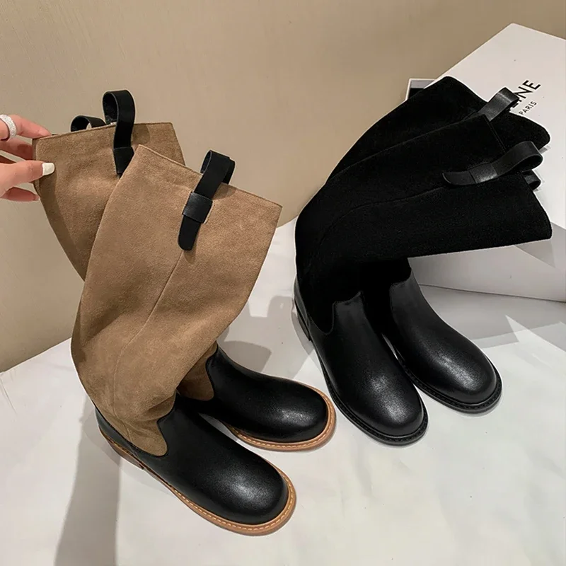 JOZHAMTA Size 33-40 Women Knee Boots Suede Real Leather Thick Mid Heels Shoes Platform Wide Calf Long Tall Boots Casual Daily