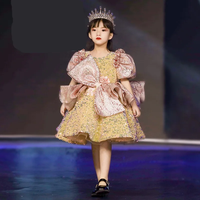 

Girls Gold Sequin Princess Dress Birthday Party Gown for Kids Pageant Host Performance Evening Wedding Reception Formal Wear