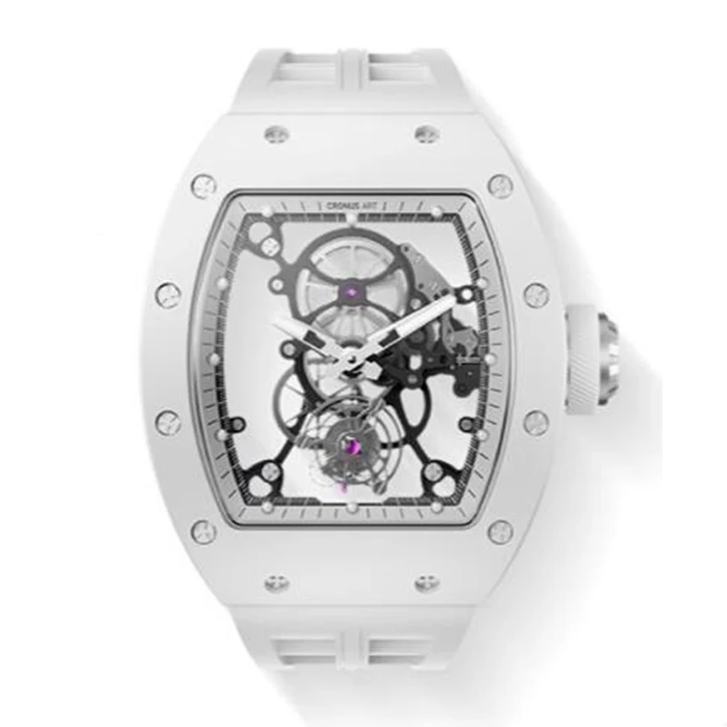 CRONUSART Orologio da uomo Tourbillon Tonneau Orologio da polso meccanico Cassa in ceramica Quadrante scheletrato con zaffiro Cinturino in gomma fluorurata luminosa
